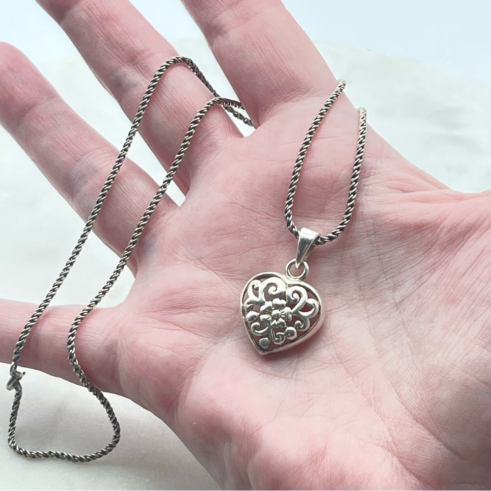Silver Floral & Scroll Heart Pendant Charm Necklace Sterling Rope Twist Chain